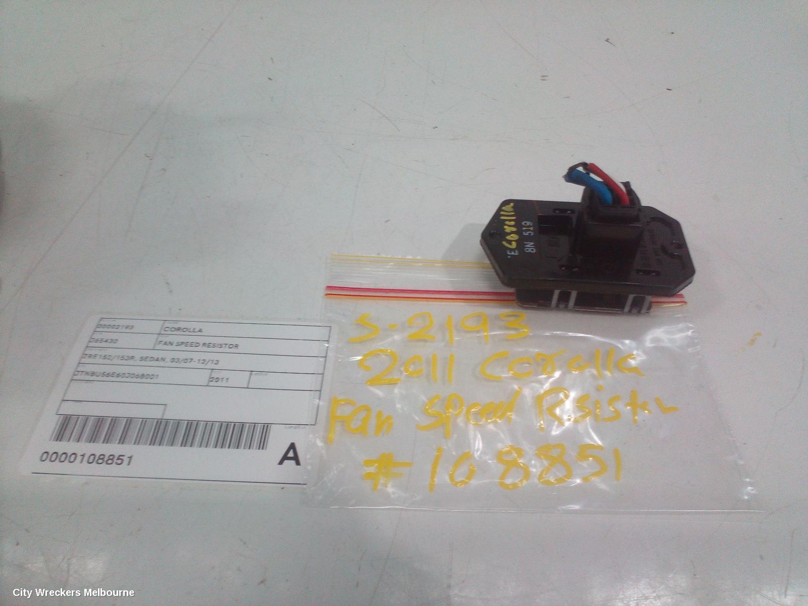 TOYOTA COROLLA 2011 Fan Speed Resistor