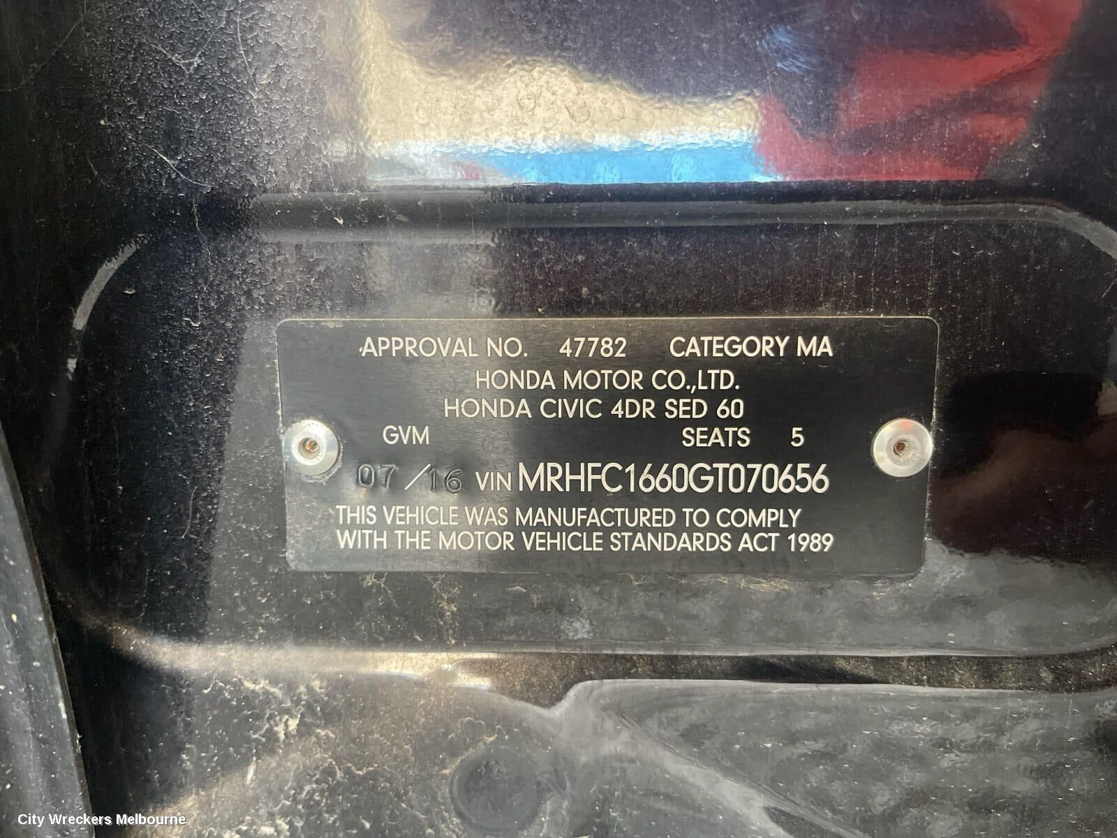 HONDA CIVIC 2016 Right Front Door