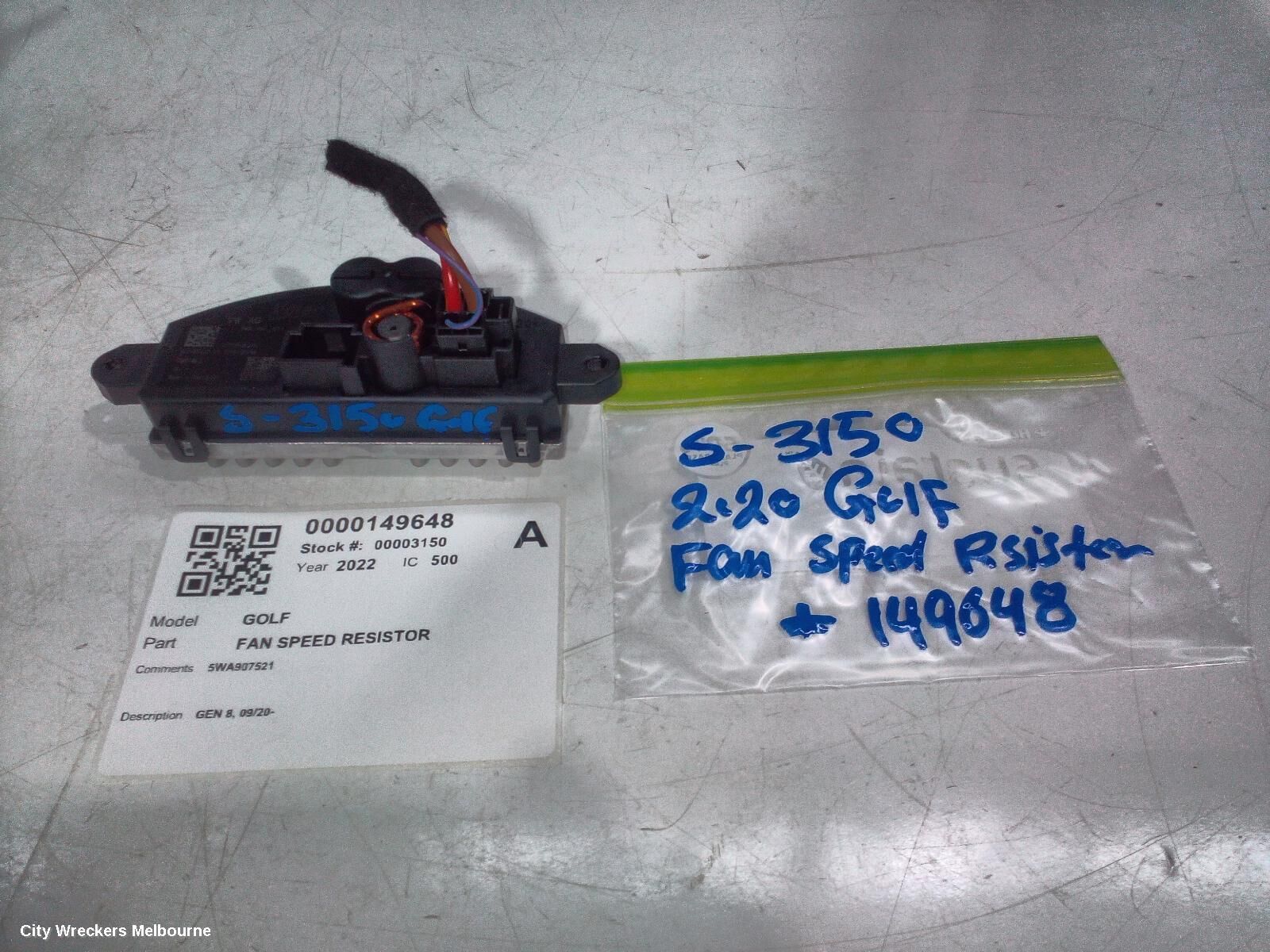 VOLKSWAGEN GOLF 2022 Fan Speed Resistor