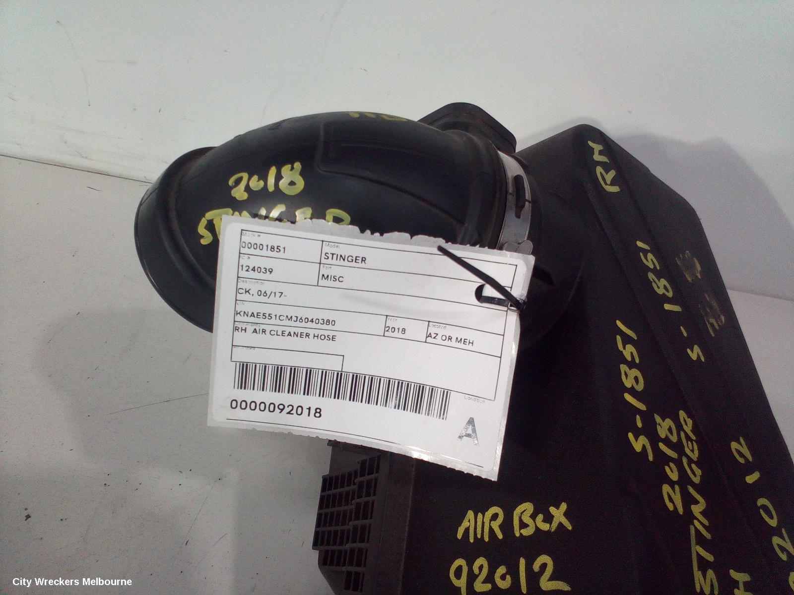 KIA STINGER, CK, 06/17-04/23, RH  AIR CLEANER HOSE: 92018